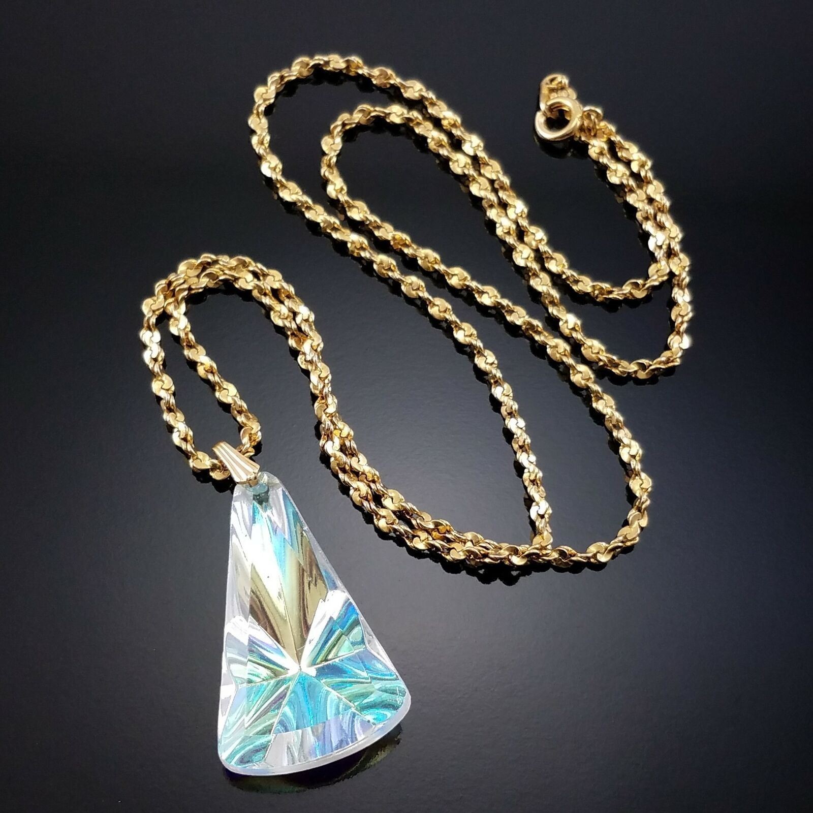 Vintage Watermelon Glass Pendant Necklace Gold Plated Twisted Chain Jewelry