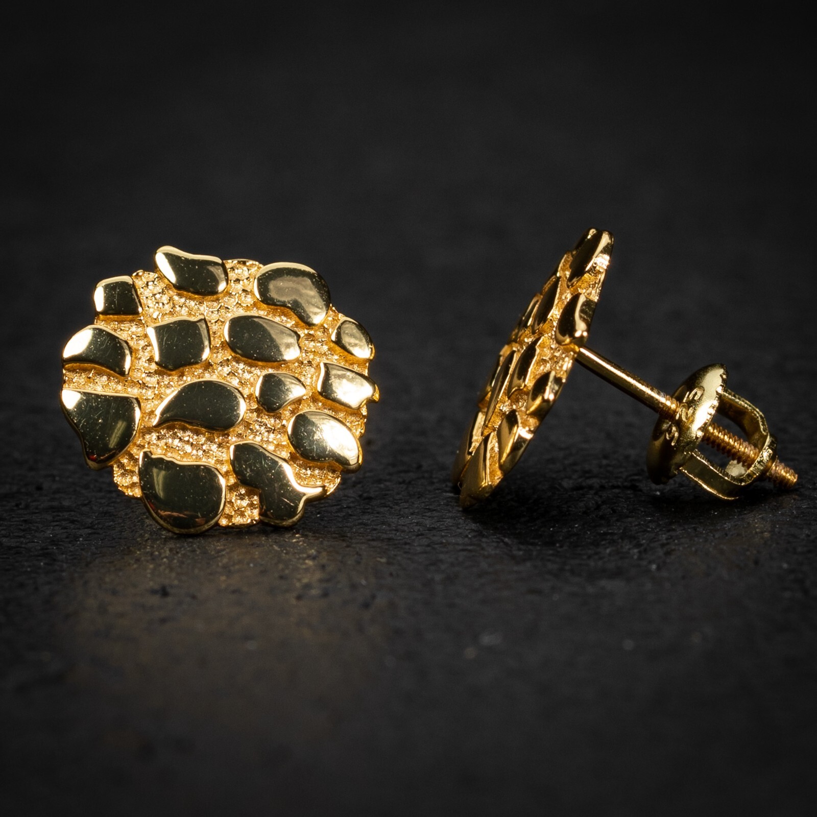 Large Men’s Circle 14K Gold Plated 925 Round Big Nugget Hip Hop Stud Earrings