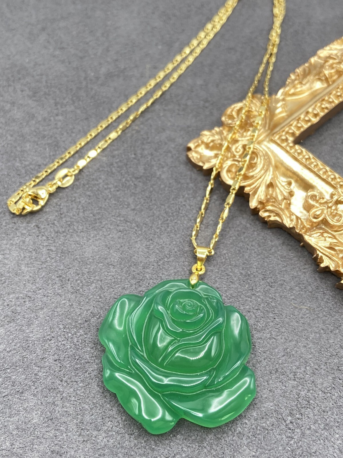 Jade Rose Flower Pendant Charm Necklace W/ 18K Gold Plated Chain Handmade Carved