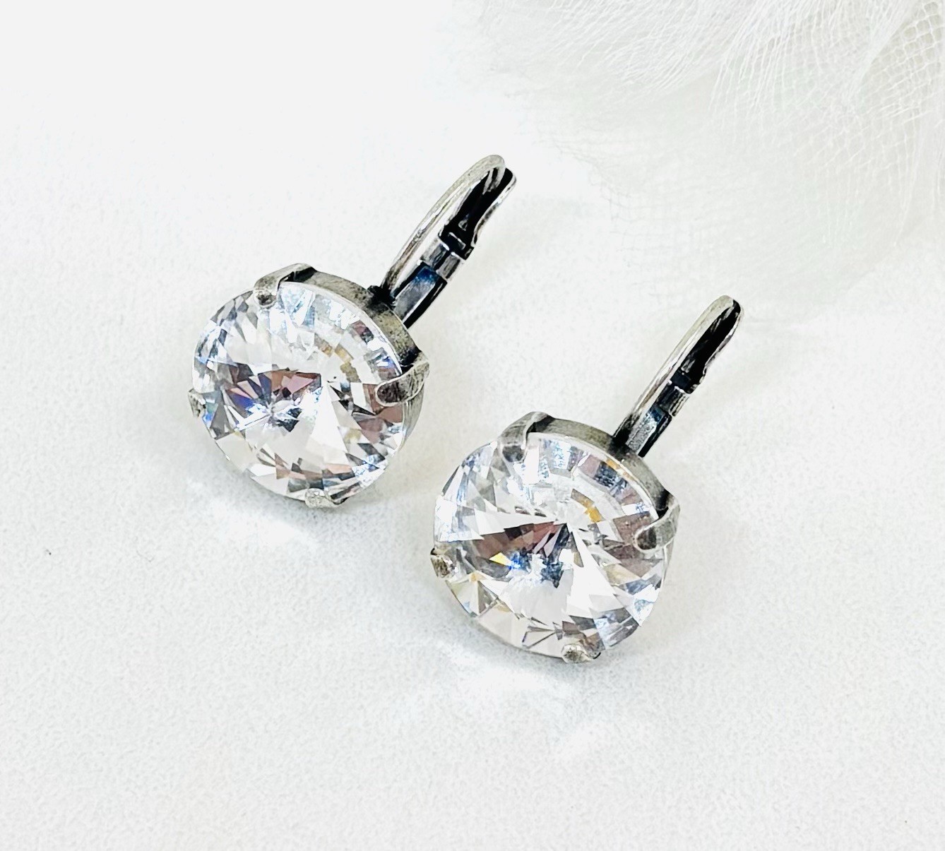 Antique Silver Plated 14mm Clear Crystal Drop Cup Chain Earrings