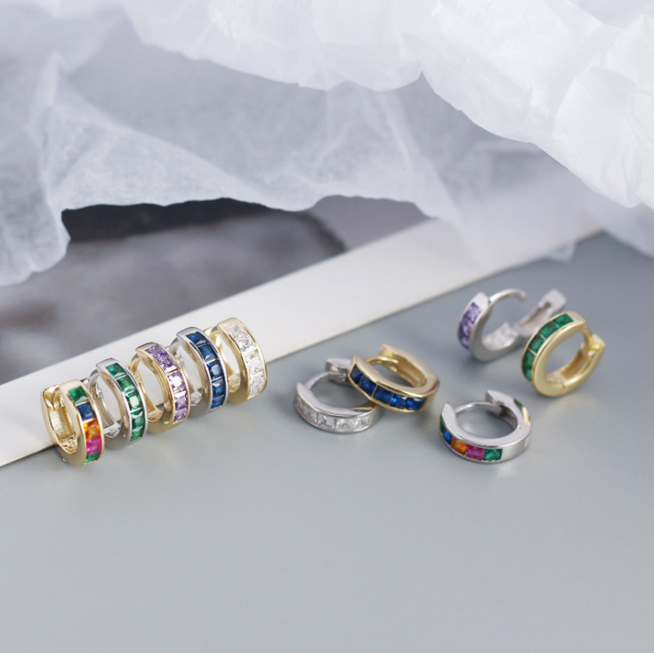 2Pcs 925 Silver Gold Plated Small Round Huggie Hoop Earrings Square CZ 12mm E19