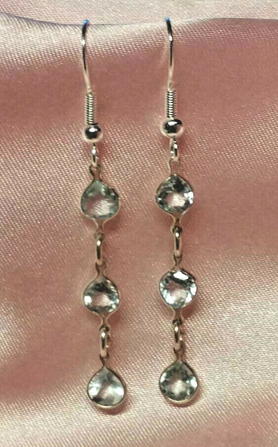 5MM PEAR LIGHT BLUE AQUAMARINE3 STONE DROPS– 3 CTW — .925 STERLING SILVER