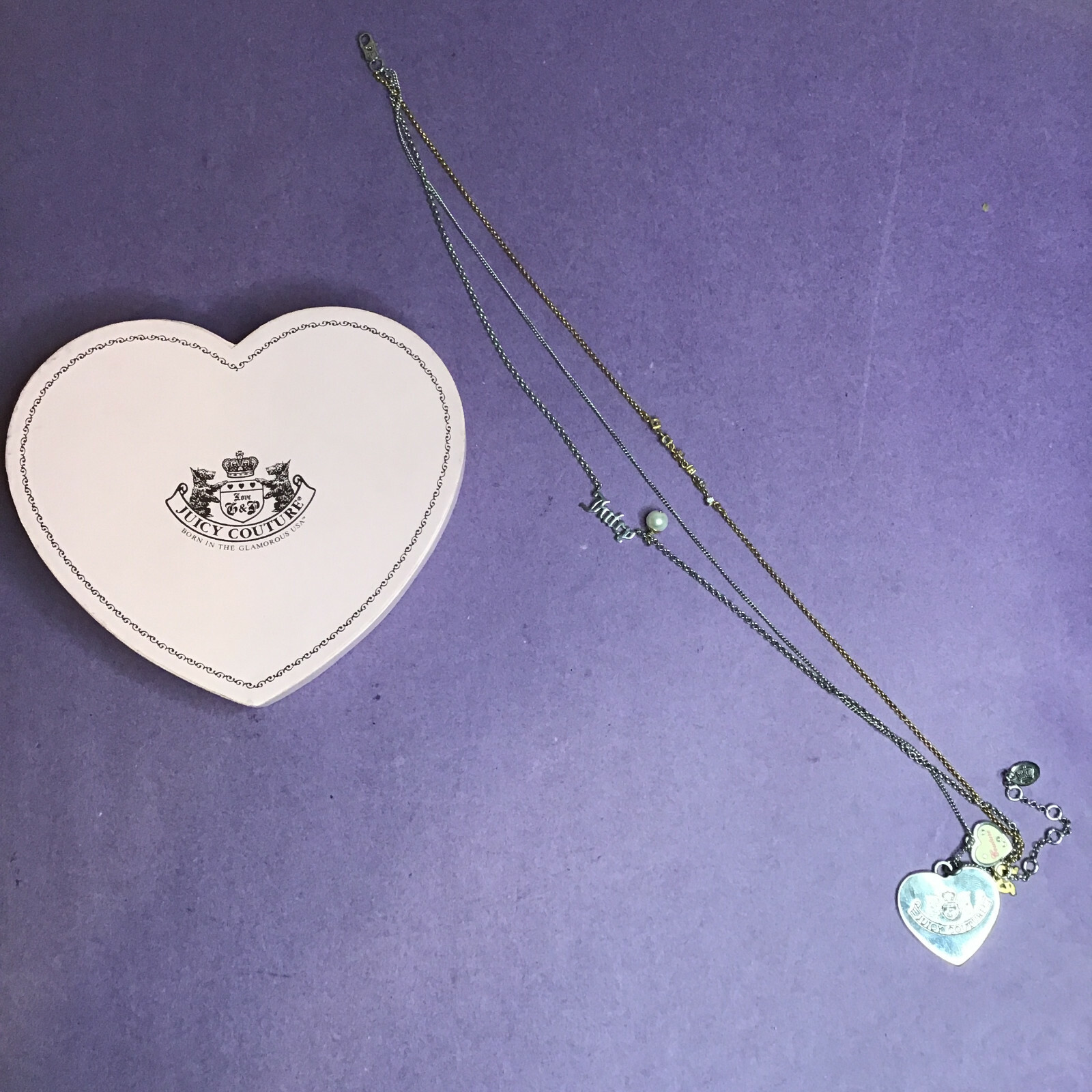 JUICY COUTURE Triple Strand Charm Necklace Let Them Eat Couture Gold & Silver