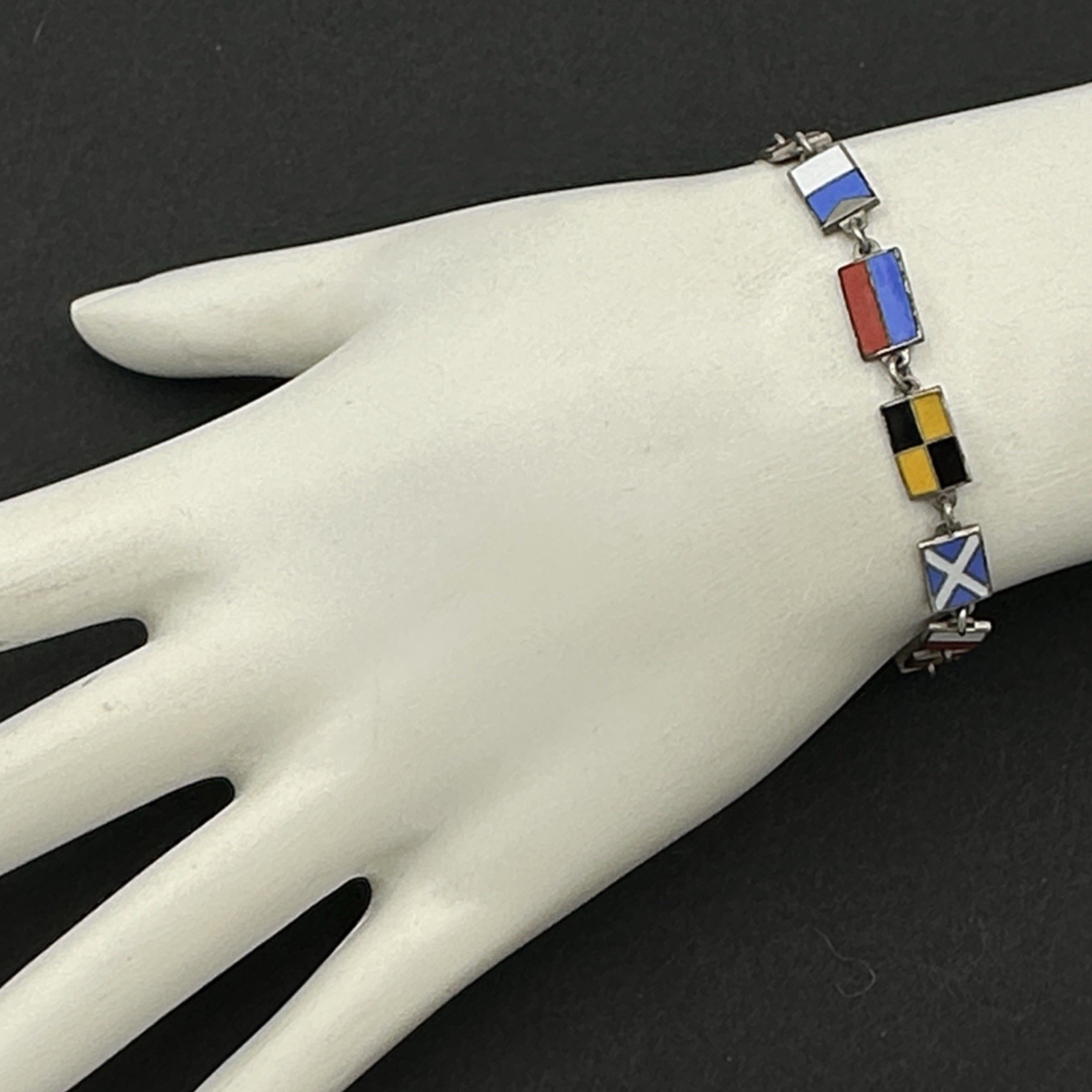 NAUTICAL FLAG vintage bracelet – 13 colorful enamel panels silver-tone 7″