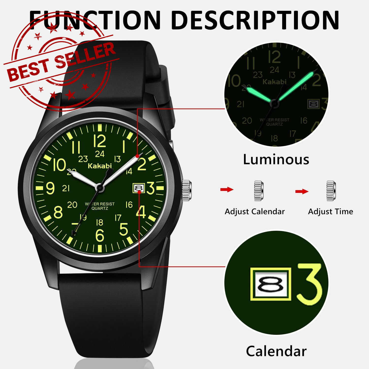 Kakabi Men’s Easy to Read Watch, Unisex Military Sport Analog 010-BlackGreen