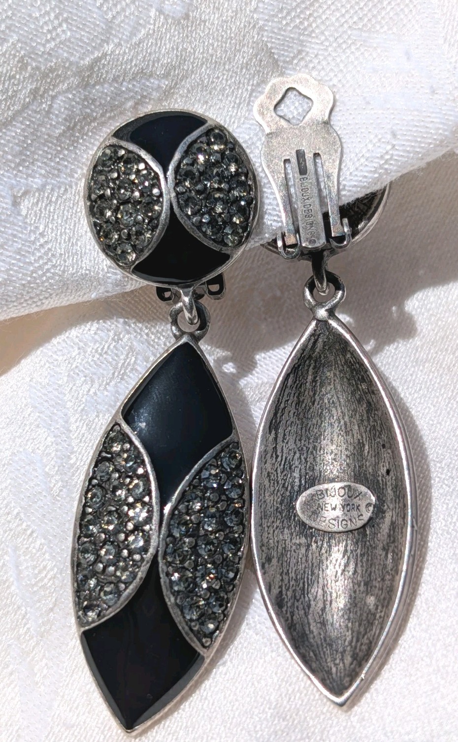 Vintage Bijoux NY Designs Black Enamel Marcasite Dangle Clip On Earrings 1980s