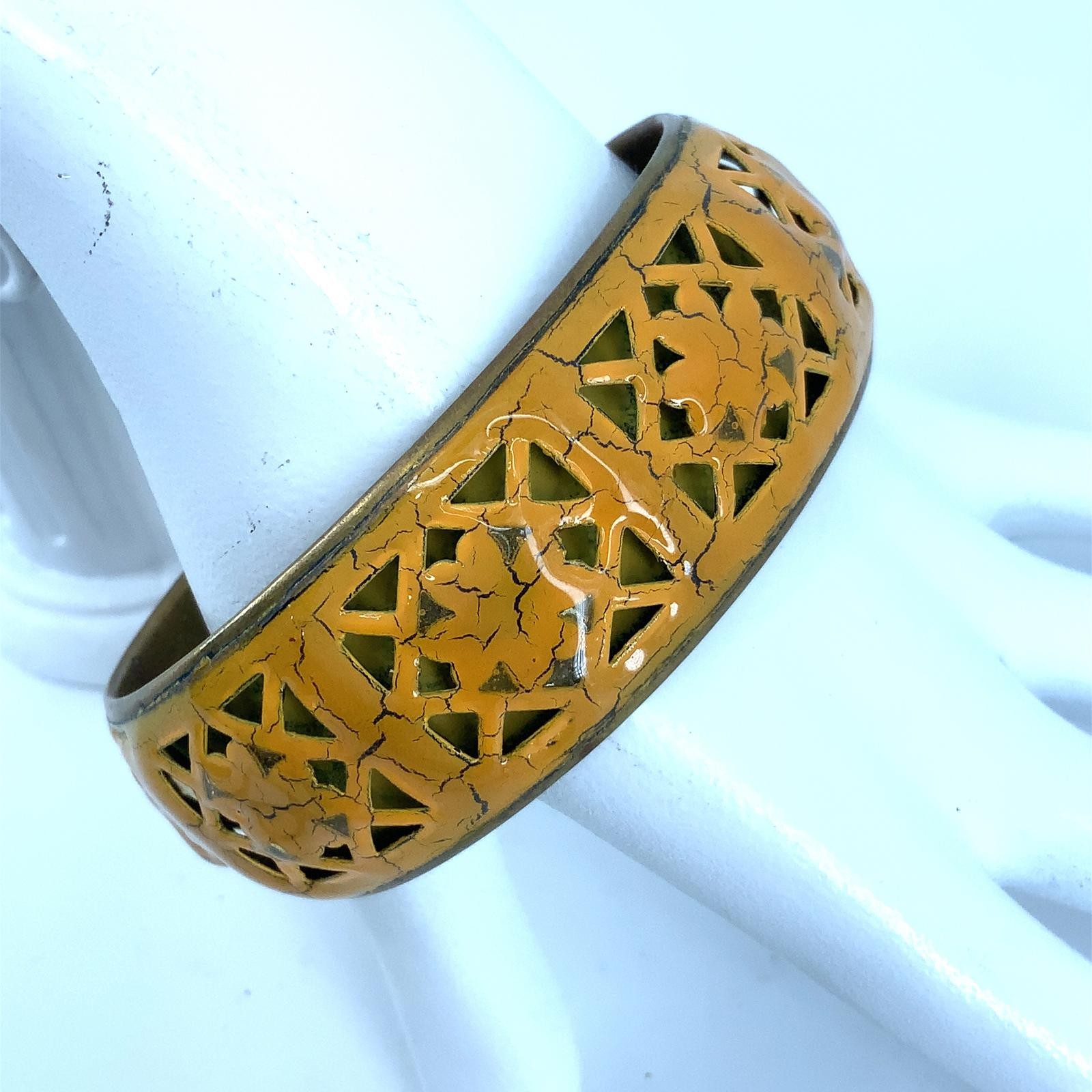 Vintage Brass Mustard Yellow Enamel Geometric Cutout Bangle Boho Cuff Bracelet