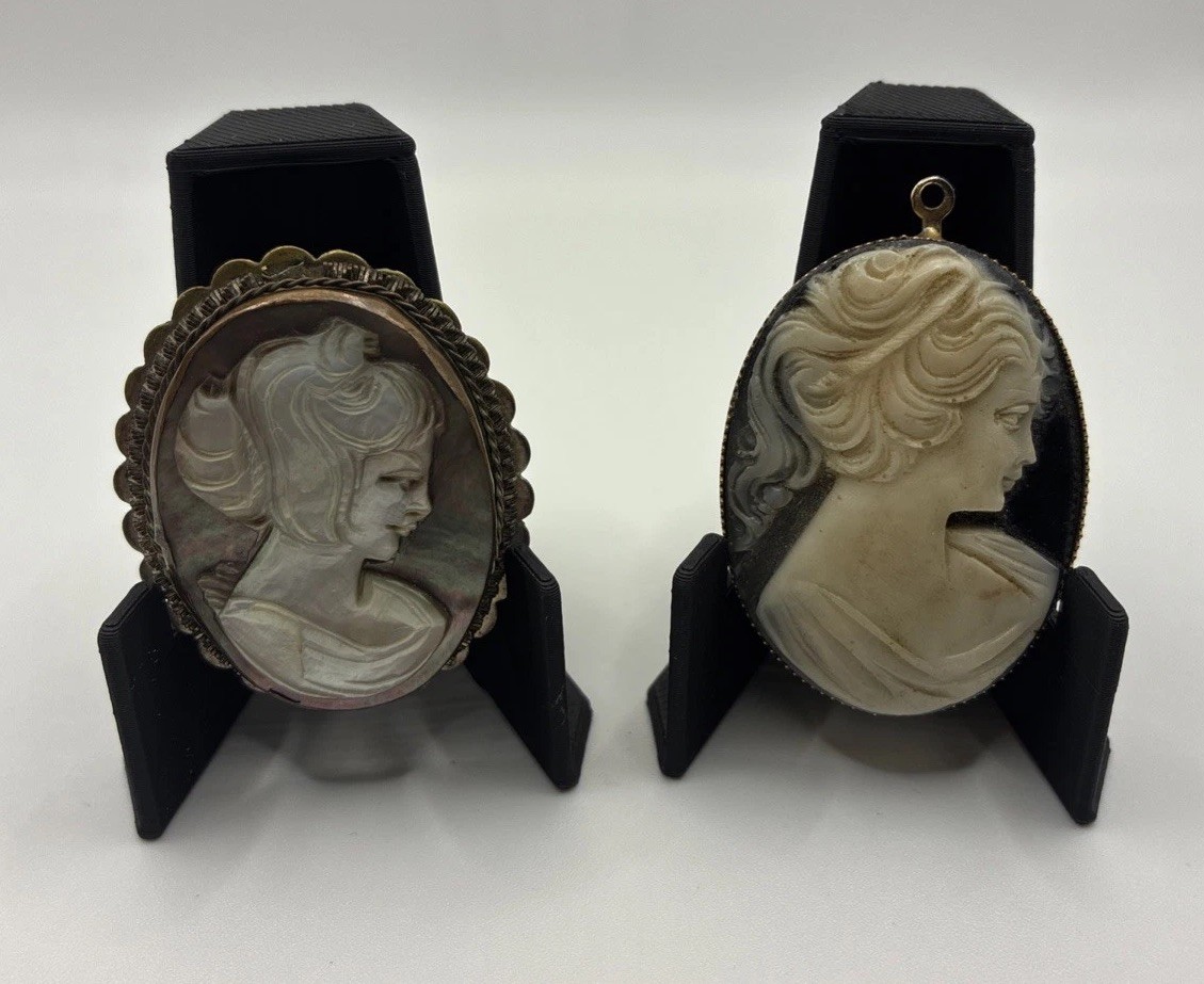 Vintage Cameo Brooch Pendant Lot Hand Carved Pin Poet Core Signed Mid Century