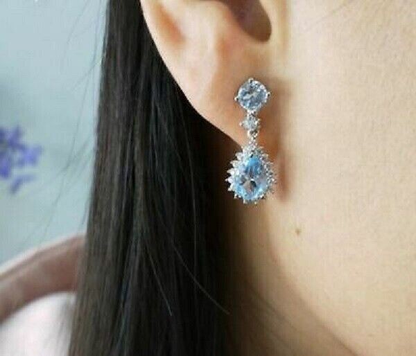 4.50Ct Pear Cut Aquamarine Gorgeous Drop & Dangle Earrings 14K White Gold Finish