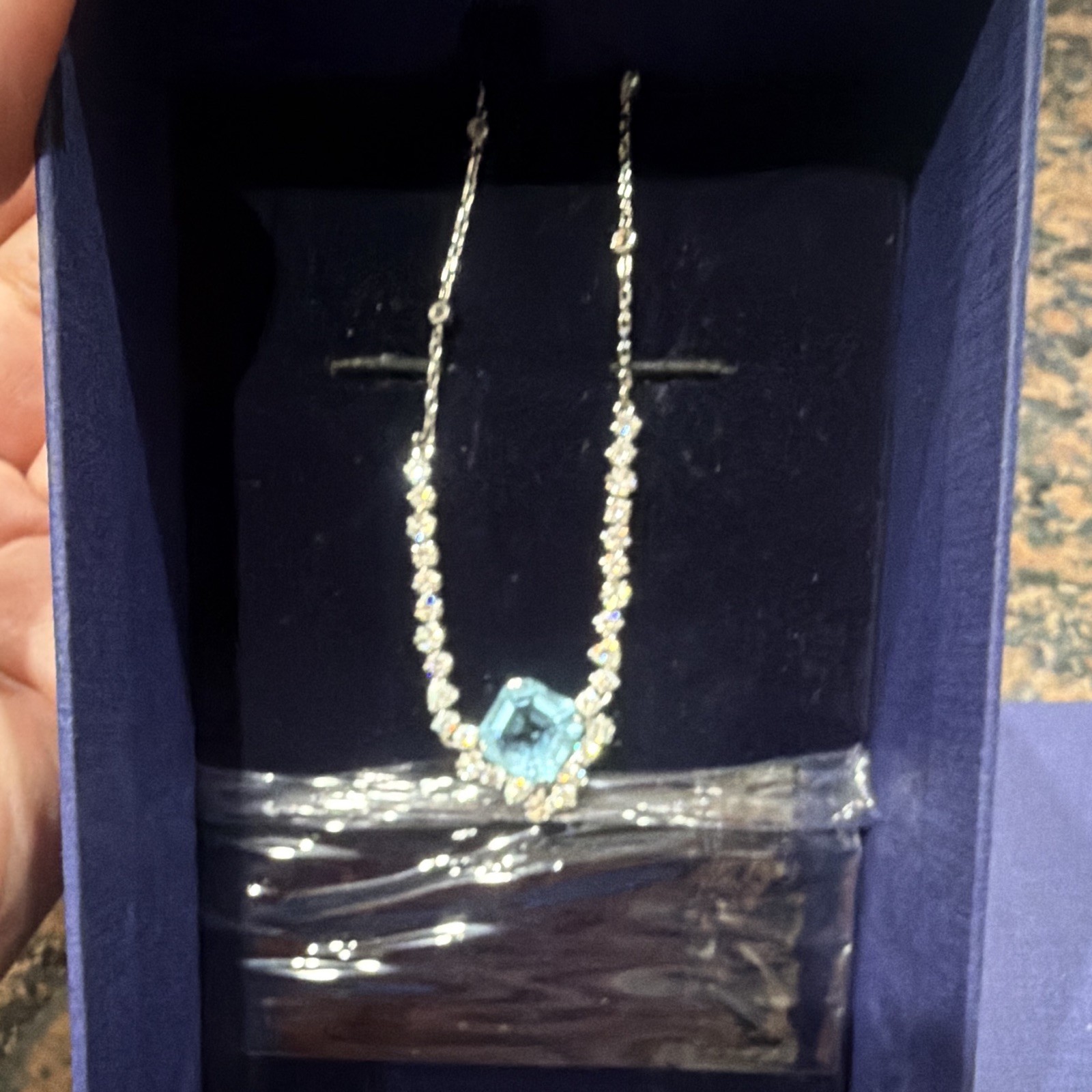 Swarovski Signed Silver Tone Square Blue Crystal Pendant Cable Necklace