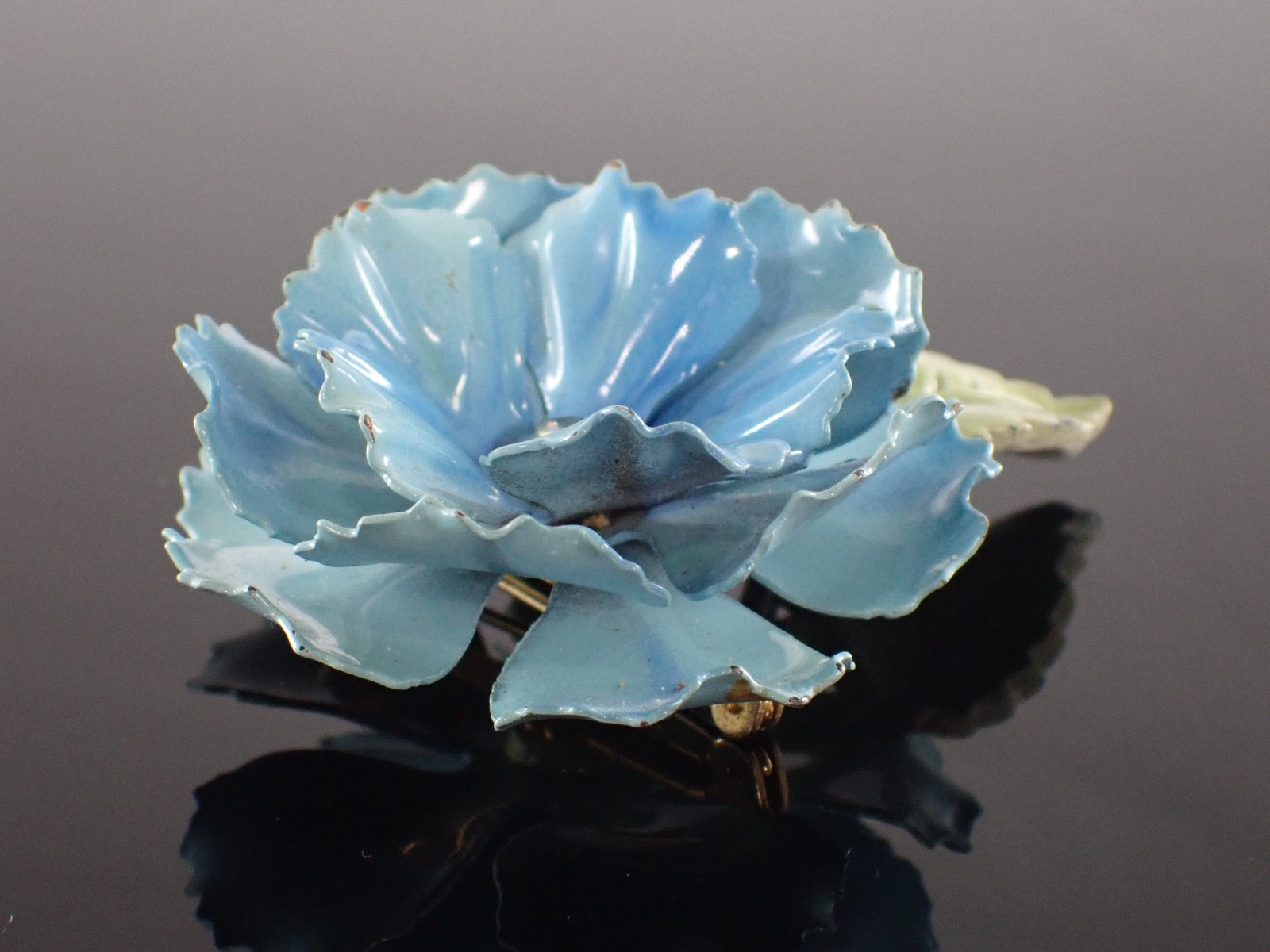 Vintage Blue Enamel Flower Brooch Glass Rhinestone Center Mid Century