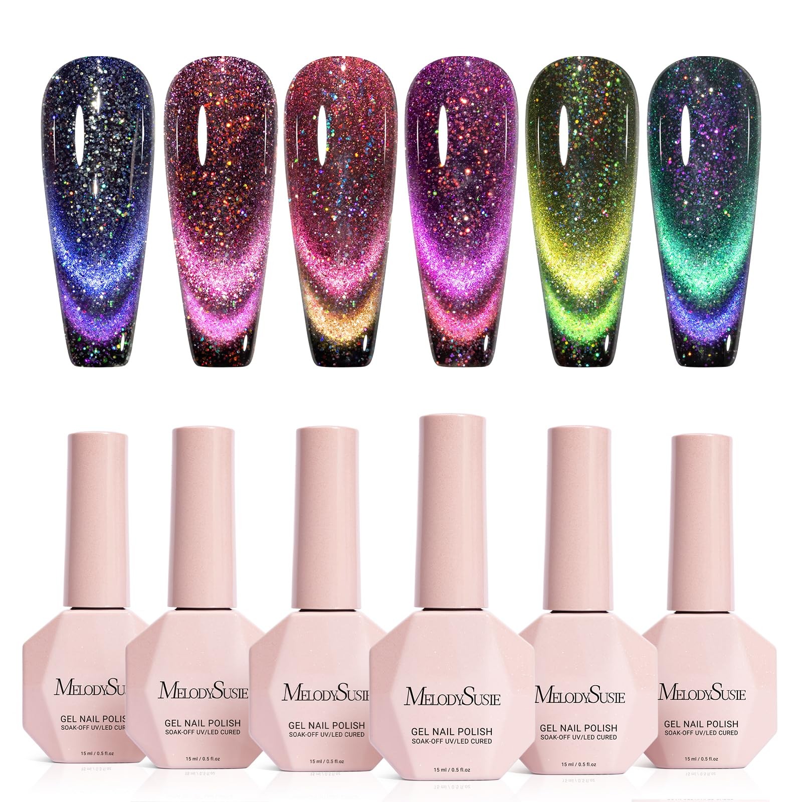 MelodySusie Chameleon Cat Eye Gel Nail Polish Set 6 PCS, 15ml Nude Pink