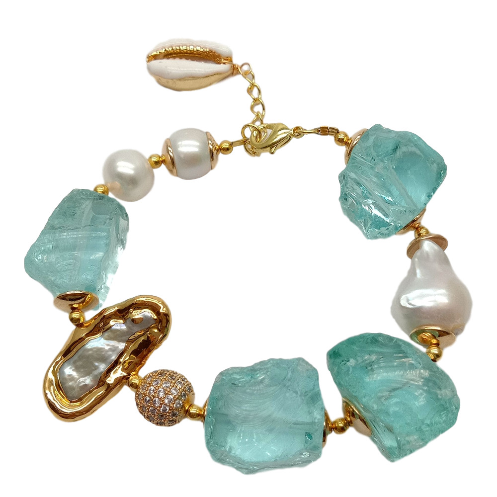 Cultured White Keshi Pearl Biwa Pearl Blue Glass Rough Bracelet 8″