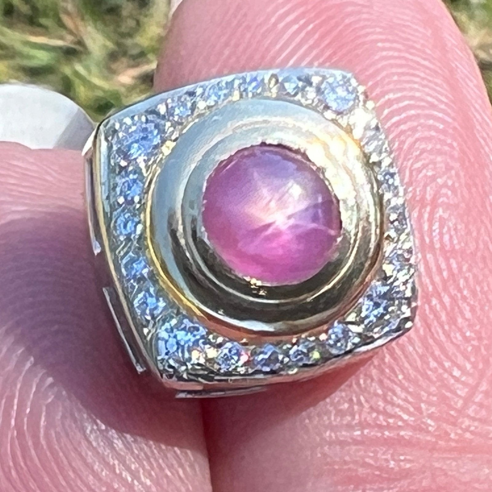 14k Gold Pink Star Sapphire Ruby Pendant w Diamond Halo *Video* A