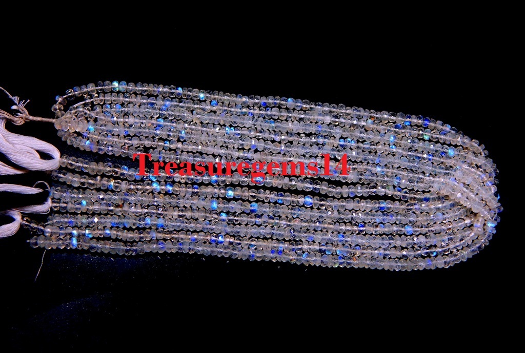 3-4 mm. NATURAL BLUE FIRE RAINBOW MOONSTONE FACETED RONDELLE BEADS 13″ STRAND