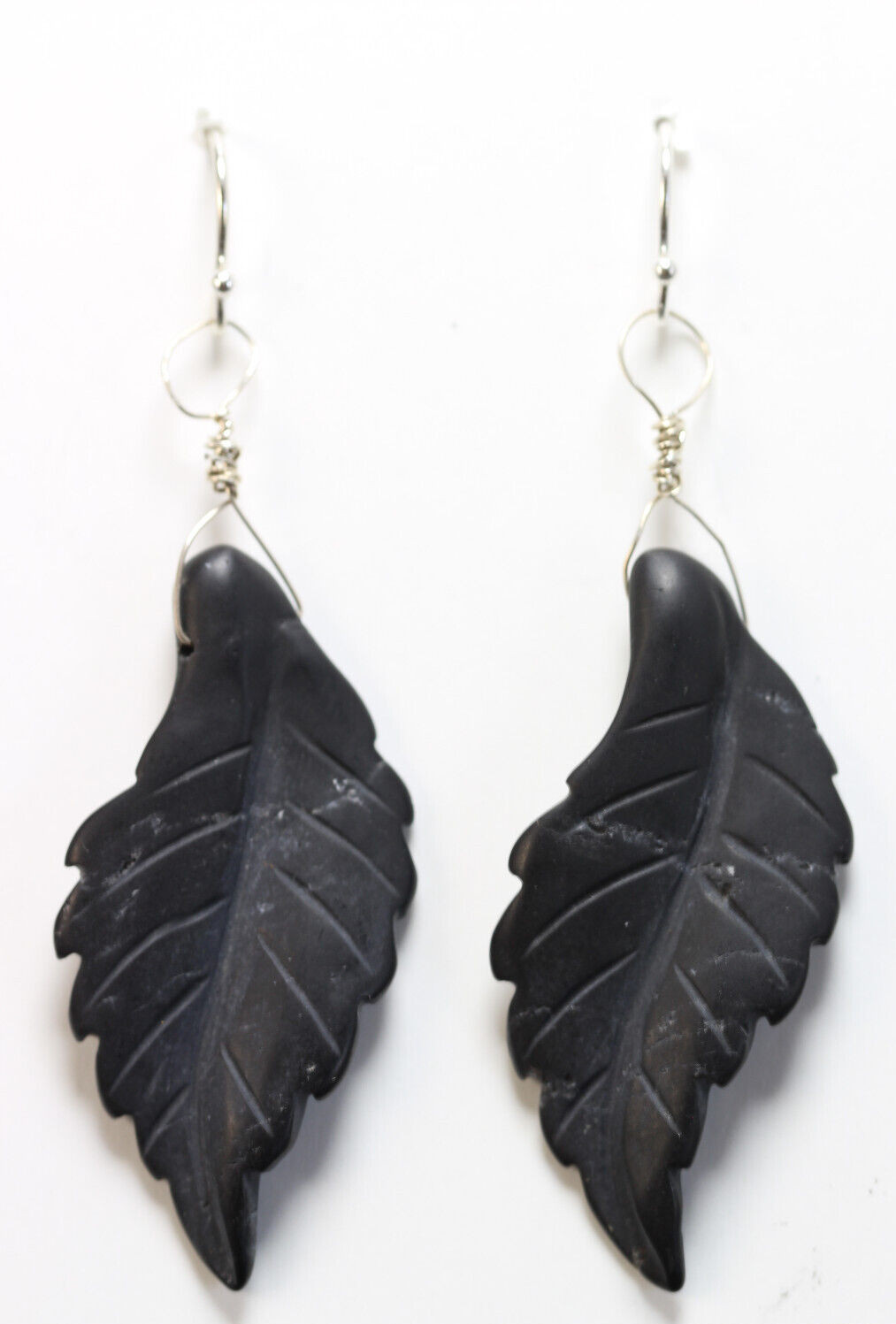 Graphite Black Leaf Carved Gemstone 925 Sterling Silver Wrapped Earrings 2 1/4″