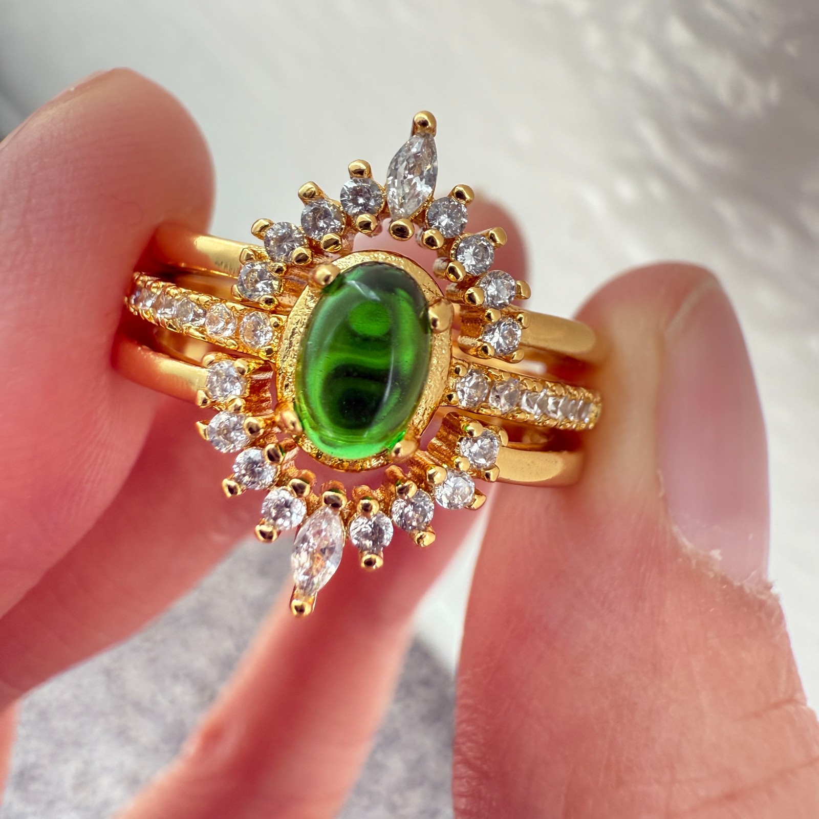 925 Sterling Silver Ring 3in1 6x4mm Green Natural Emerald Gemstone Zircon Flower