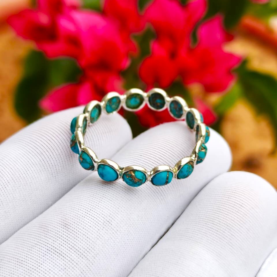 Natural Handmade Blue Copper Turquoise Sterling Silver Full Eternity Band Ring
