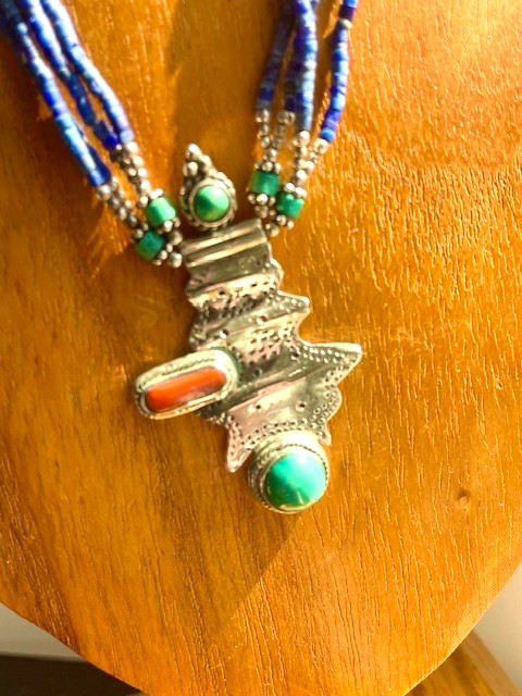 Vintage Sterling Nepalese Necklace Turquoise, Lapis Coral 17.0″ Length 24 gms