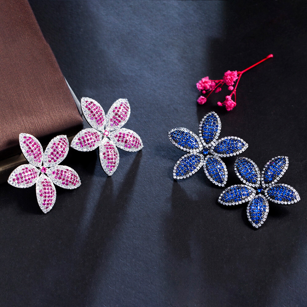 Black Gold Plated Blue Cubic Zirconia Flower Stud Earrings 925 Silver CZ Jewelry