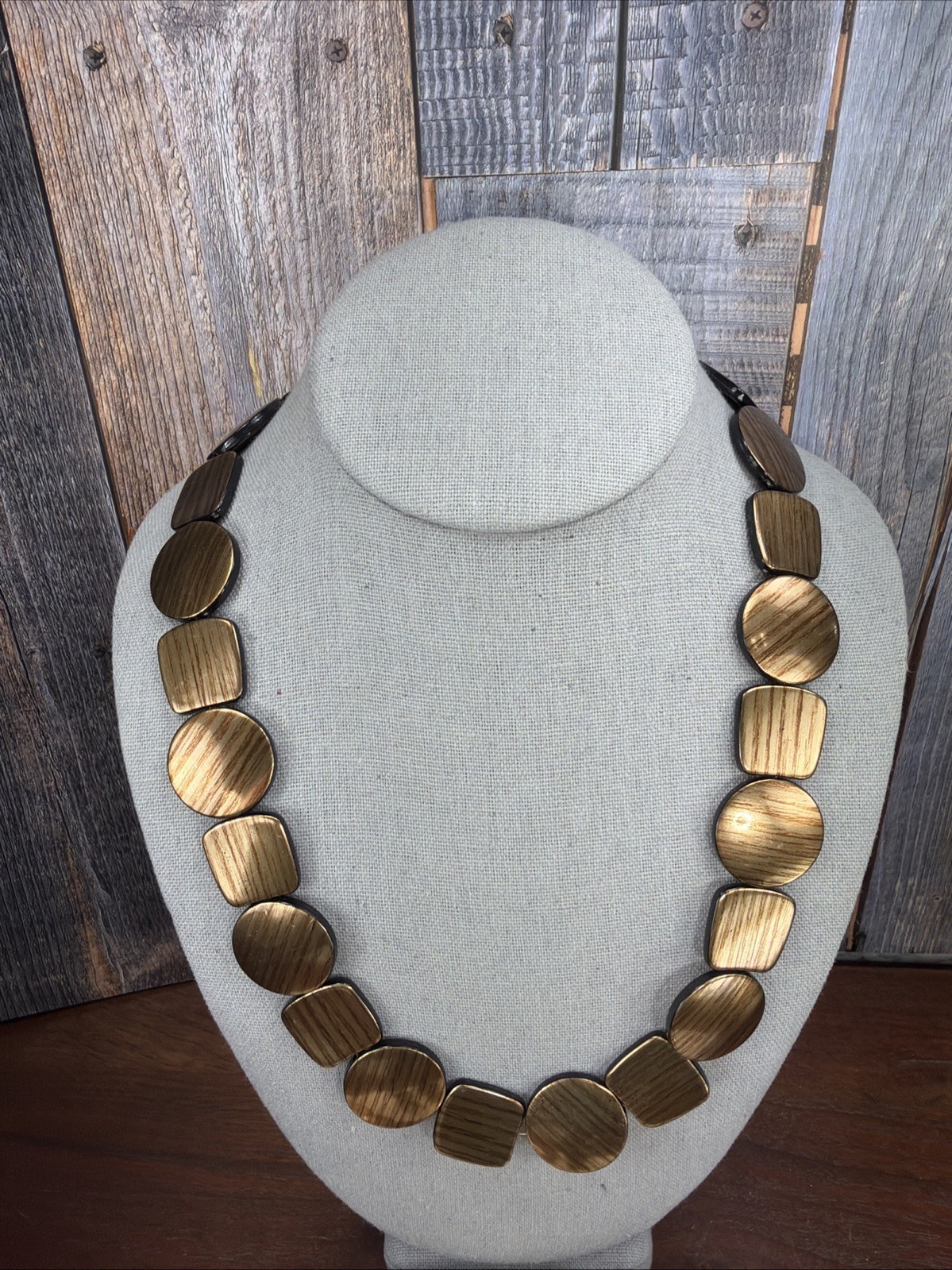 Vintage disc copper plastic wood grain bracelet, necklace & Earrings