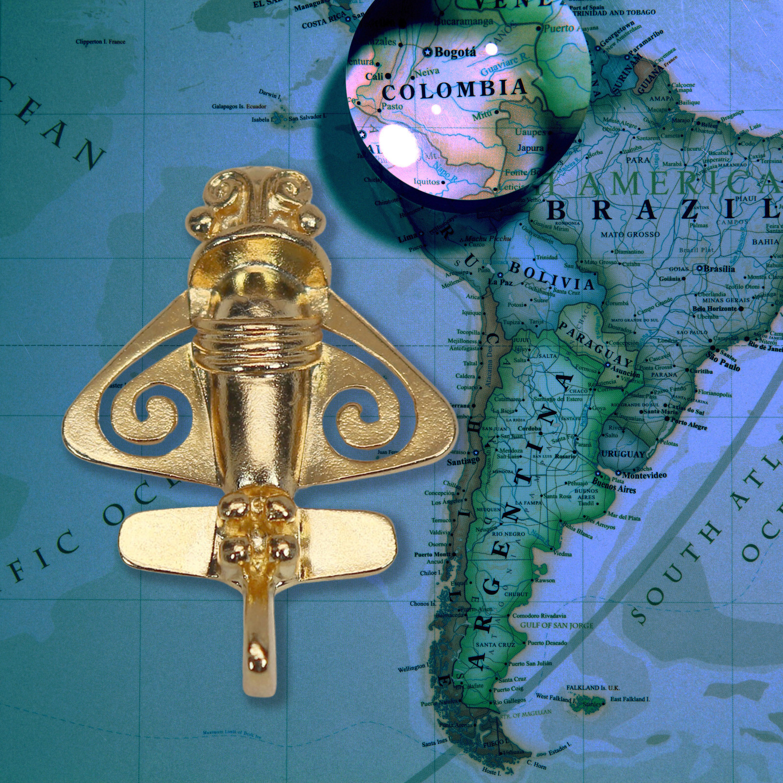 Quimbaya Flyer Pin 24K GP Pre-Columbian Alien Artifact Hat, Lapel, Jacket P-75