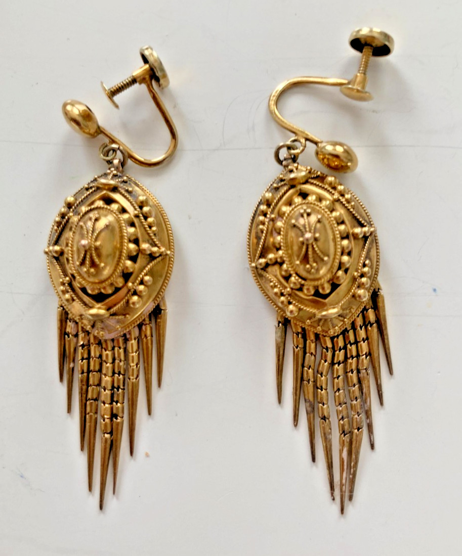 Antique 18k Gold Etruscan Tassel Screw Back Earrings Mint BIN