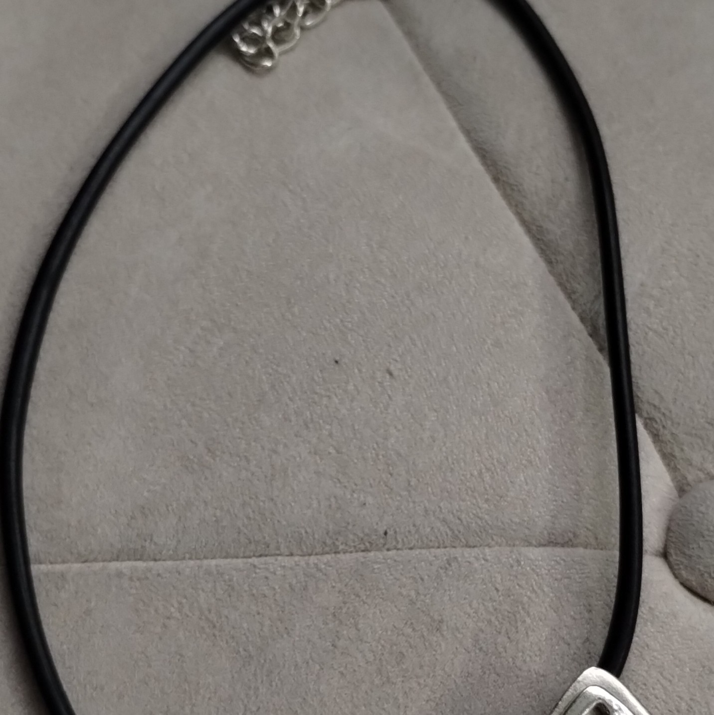 1980’s Chico’s Black Rubber Cord Necklace Silver Tone Pendant Lobster Clasp