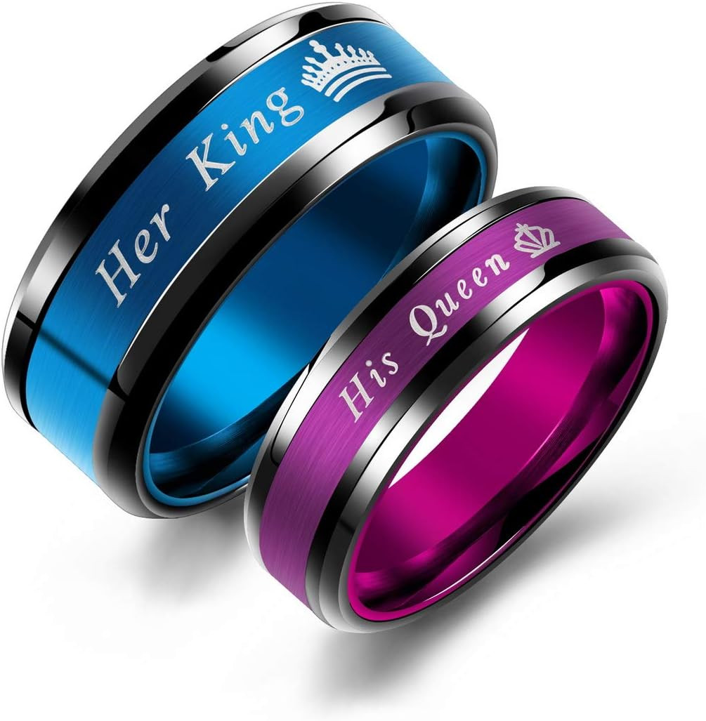 Set de 2 anillos de acero pareja Rey y Reina para boda compromiso o promesa