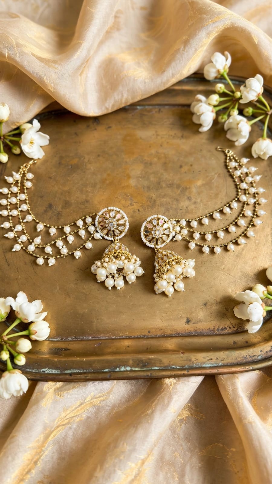 Traditional Kundan Pearl Jhumka Earrings Gold Plated Ear Chain Statement Earring
