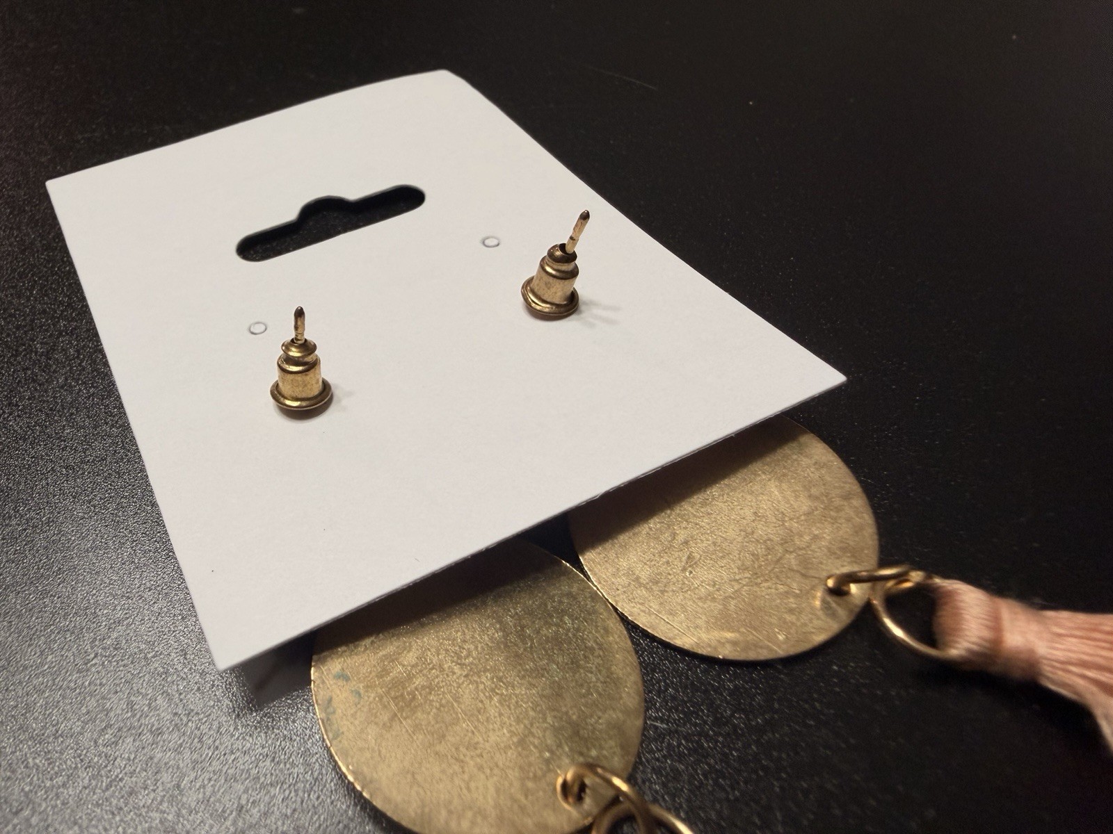 Gold Tone Round Disc Dangle Earrings Pink Tassel Fringe Bohemian Butterfly