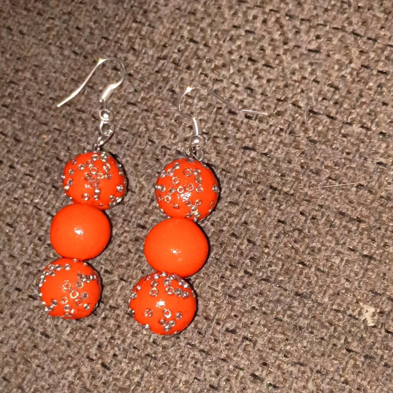 Orange & Silver Round Beaded Dangle Drop Hook Earrings for Lobe, Metal & Plastic