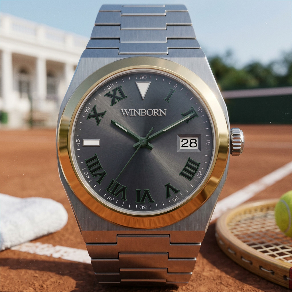 WINBORN Grey Dial Roman Numeral Date Watch Gold Bezel Silver Bracelet