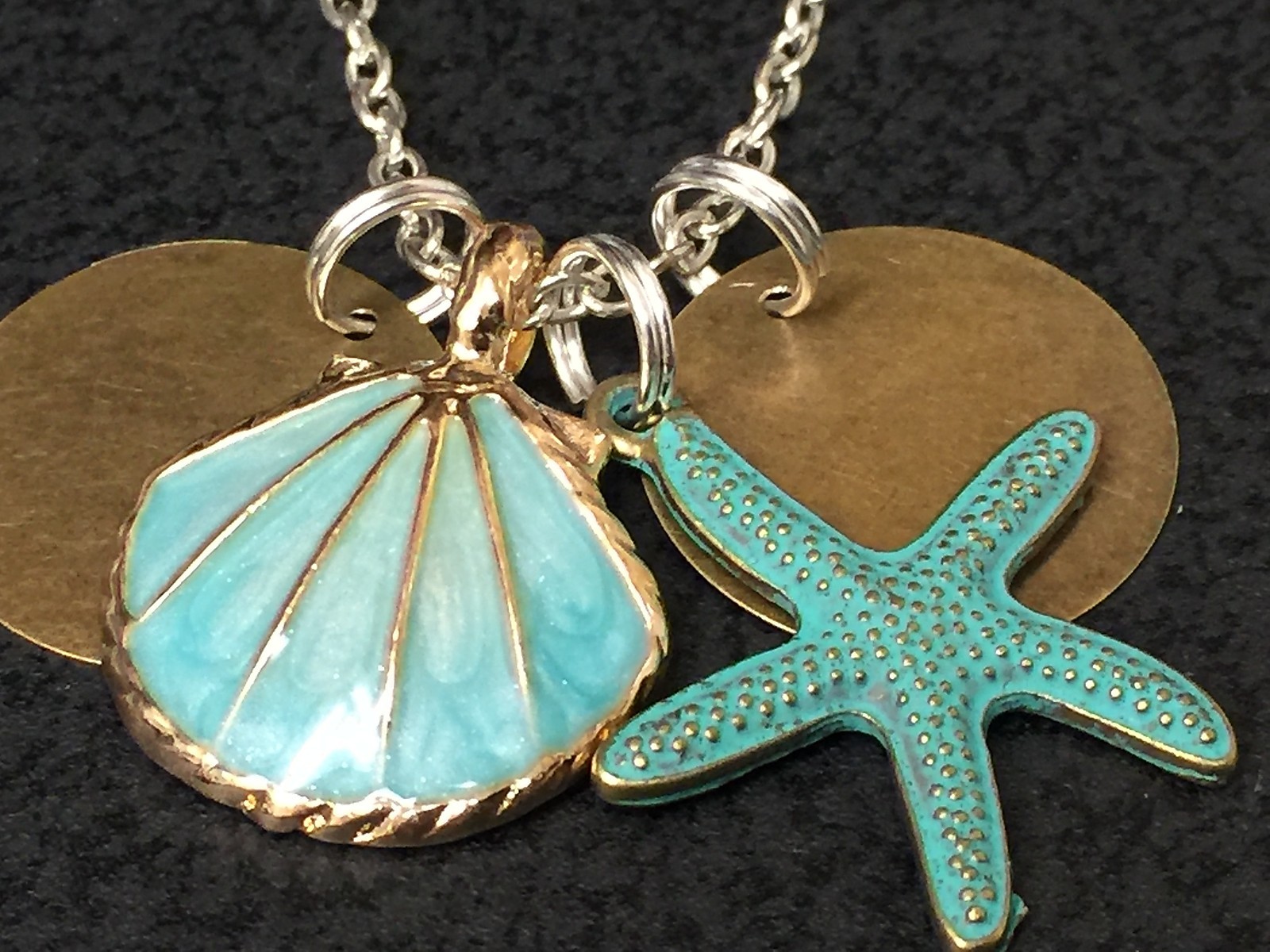 Beach Theme Sea Shell Gold & Teal Starfish Charm Tibetan Silver 18″ Necklace B20