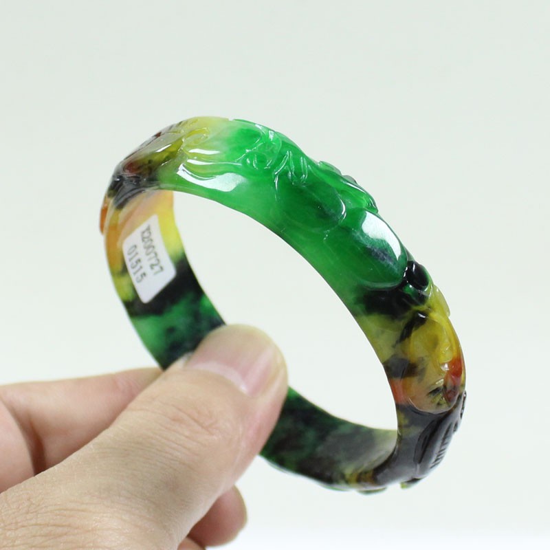 61mm Real Natural Ice Multicolor Burmese Jade jadeite Carving Bracelet Bangle