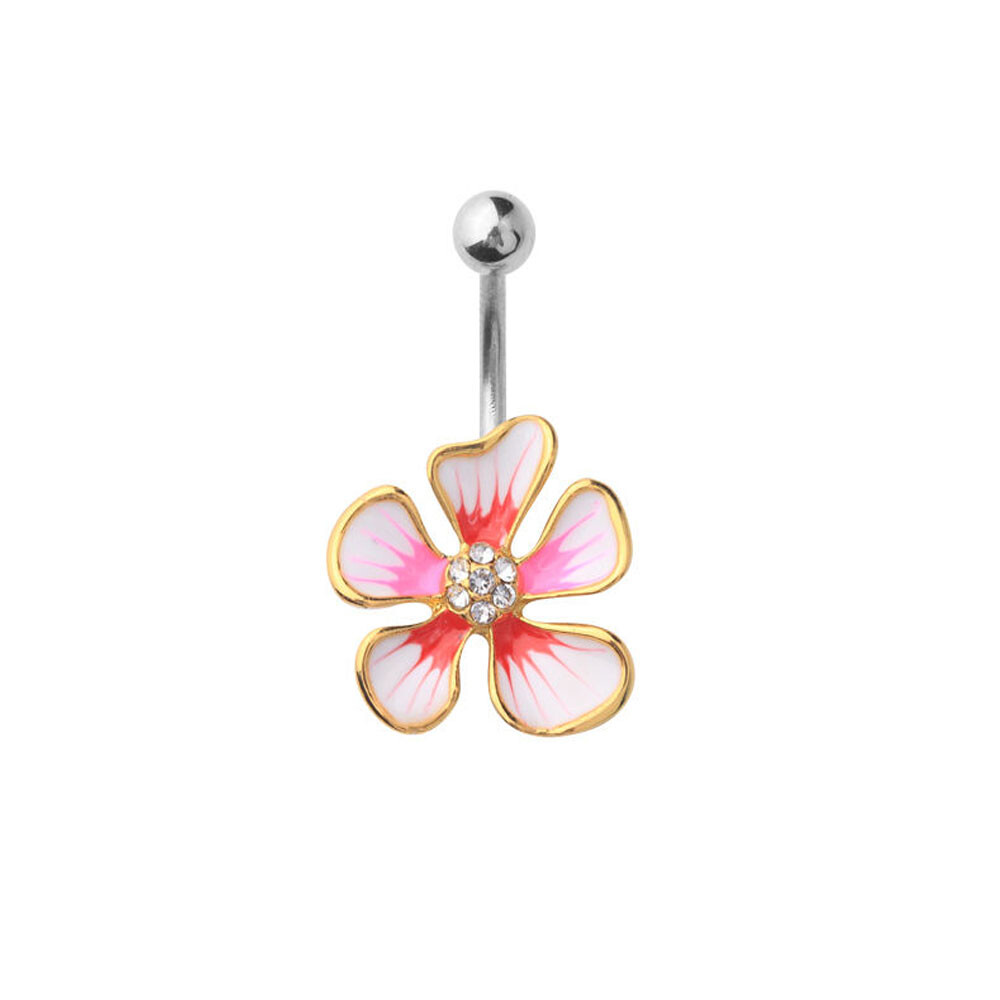 14 GA 3/8″ Red and Pink Gold IP Hibiscus CZ Flower Belly Button Navel Ring B629