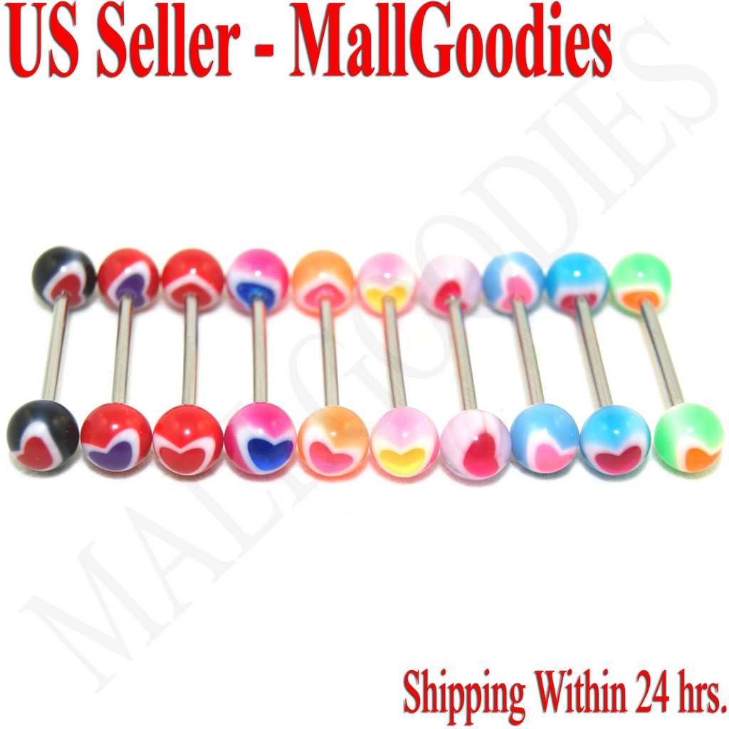 W050 Acrylic Tongue Rings Bars Barbells Heart Shape Pattern 5/8″ LOT of 10