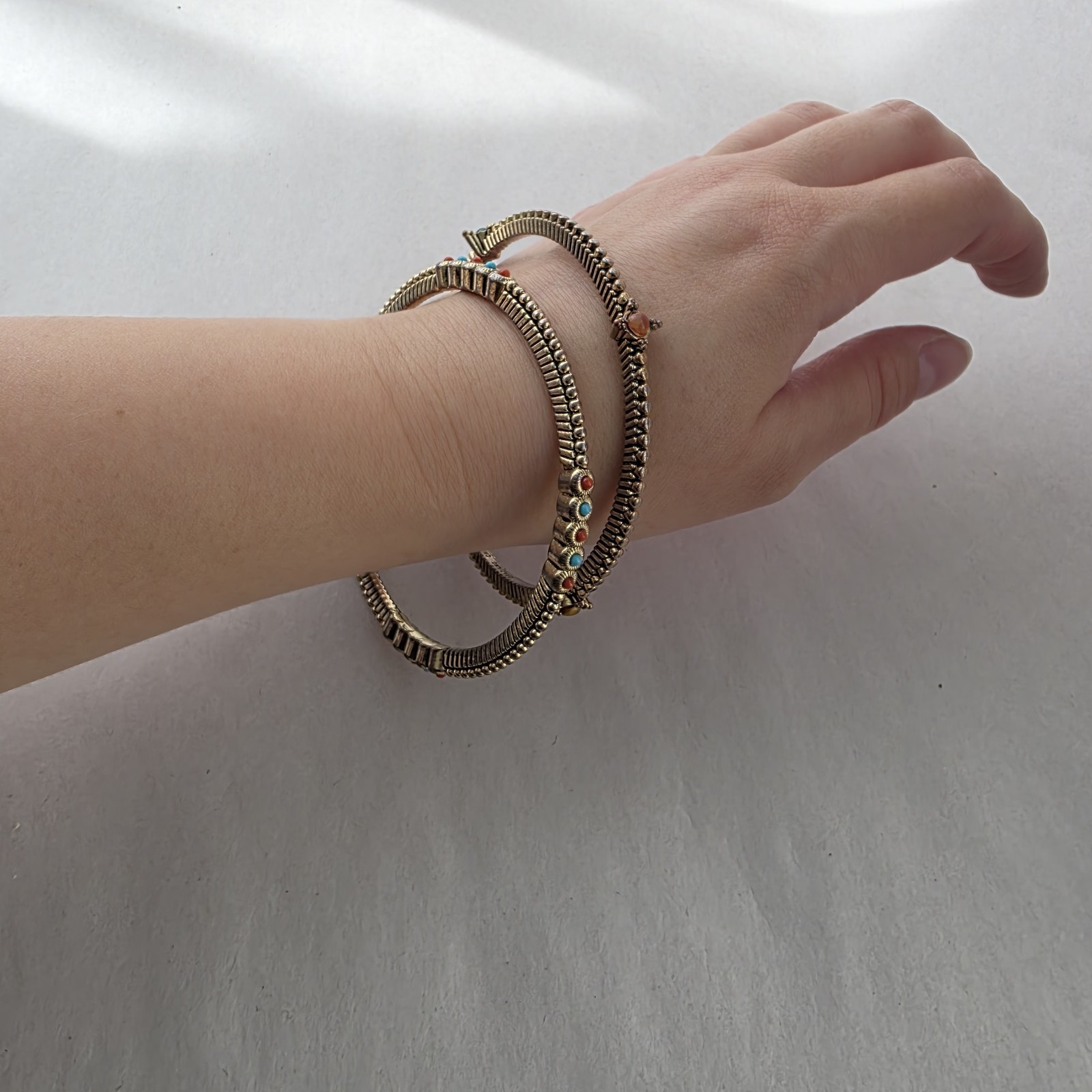 Graziano Italy Bangle Bracelet 2 Piece Set Statement Antiqued Gold With Stones