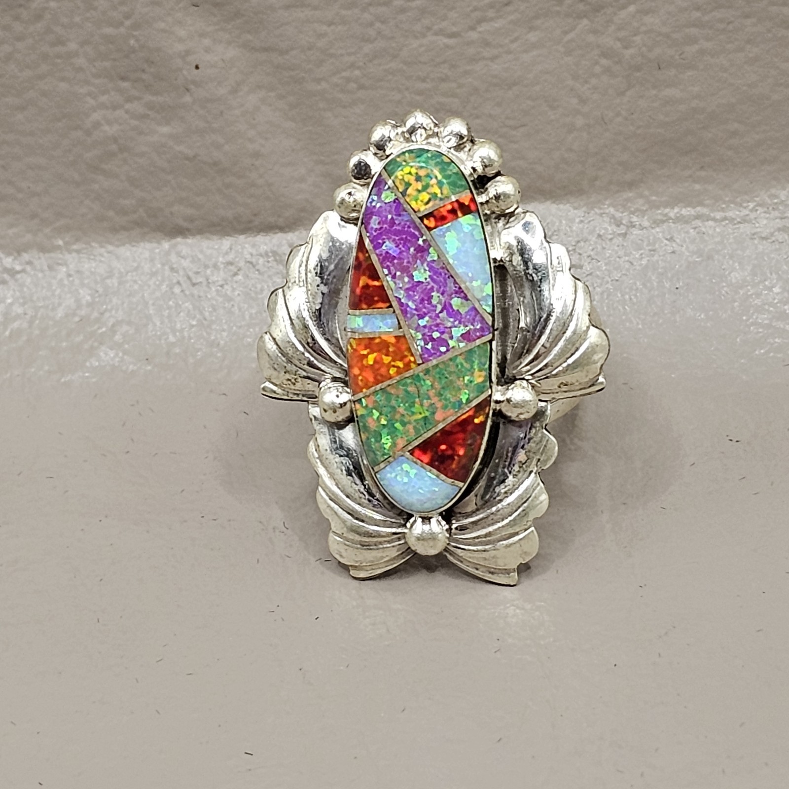 NEW! Zuni Made Opal Inlay Sterling Silver Statement Ring Size 8.5 Signed