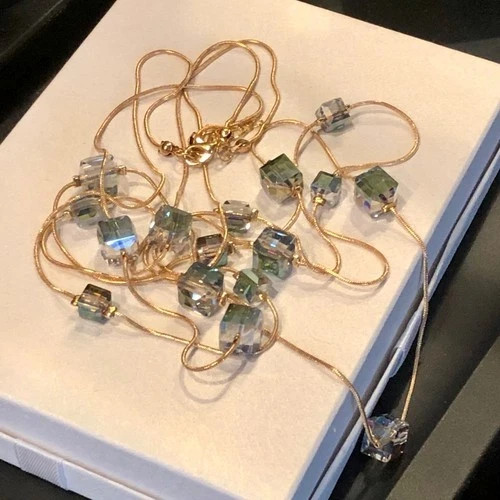 14k Gold Plated Long Sweater Necklace Made Simulated Diamond Aurora Borealis