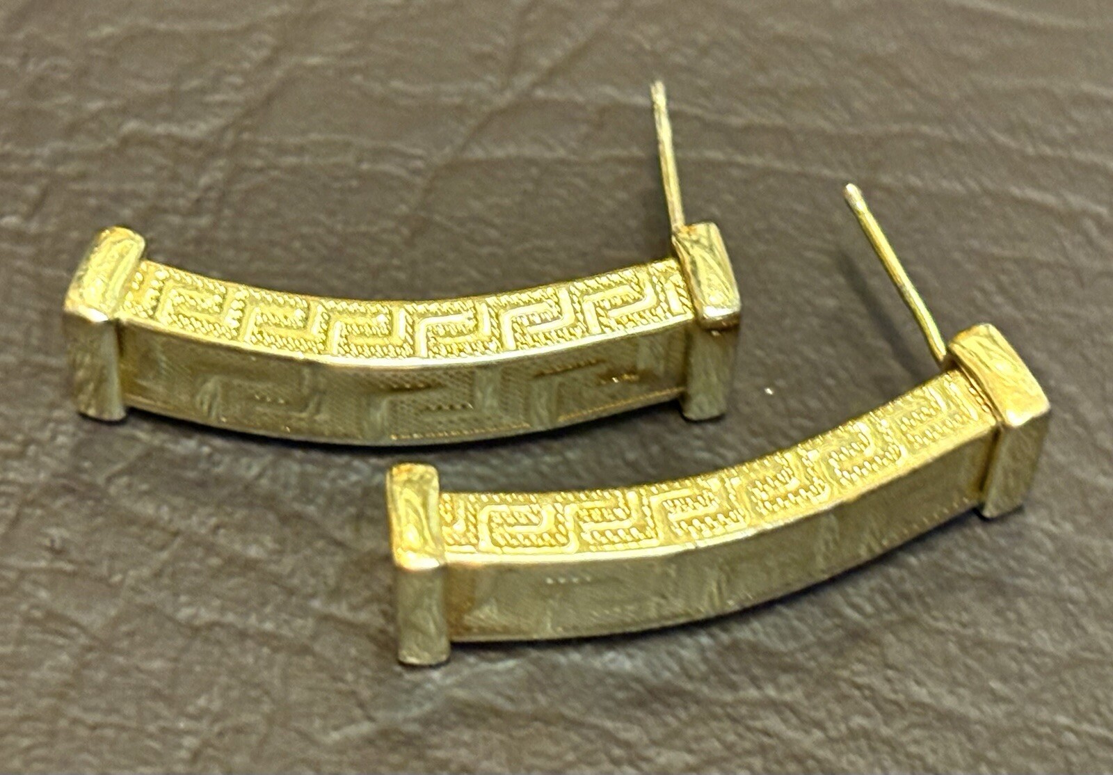 18K Yellow Gold Plated Designer Signed Greek Key Pierced Earrings