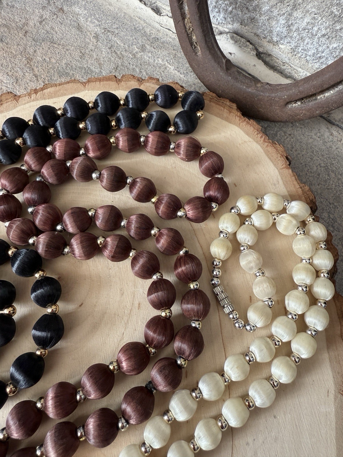 Vintage Multi-Color (Black, Brown and Ivory) Silk Beaded Necklace Set