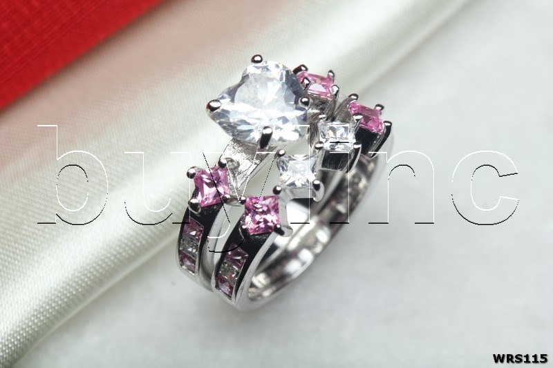 Heart White Pink CZ 925 Sterling Silver CZ Engagement Wedding Ring Set
