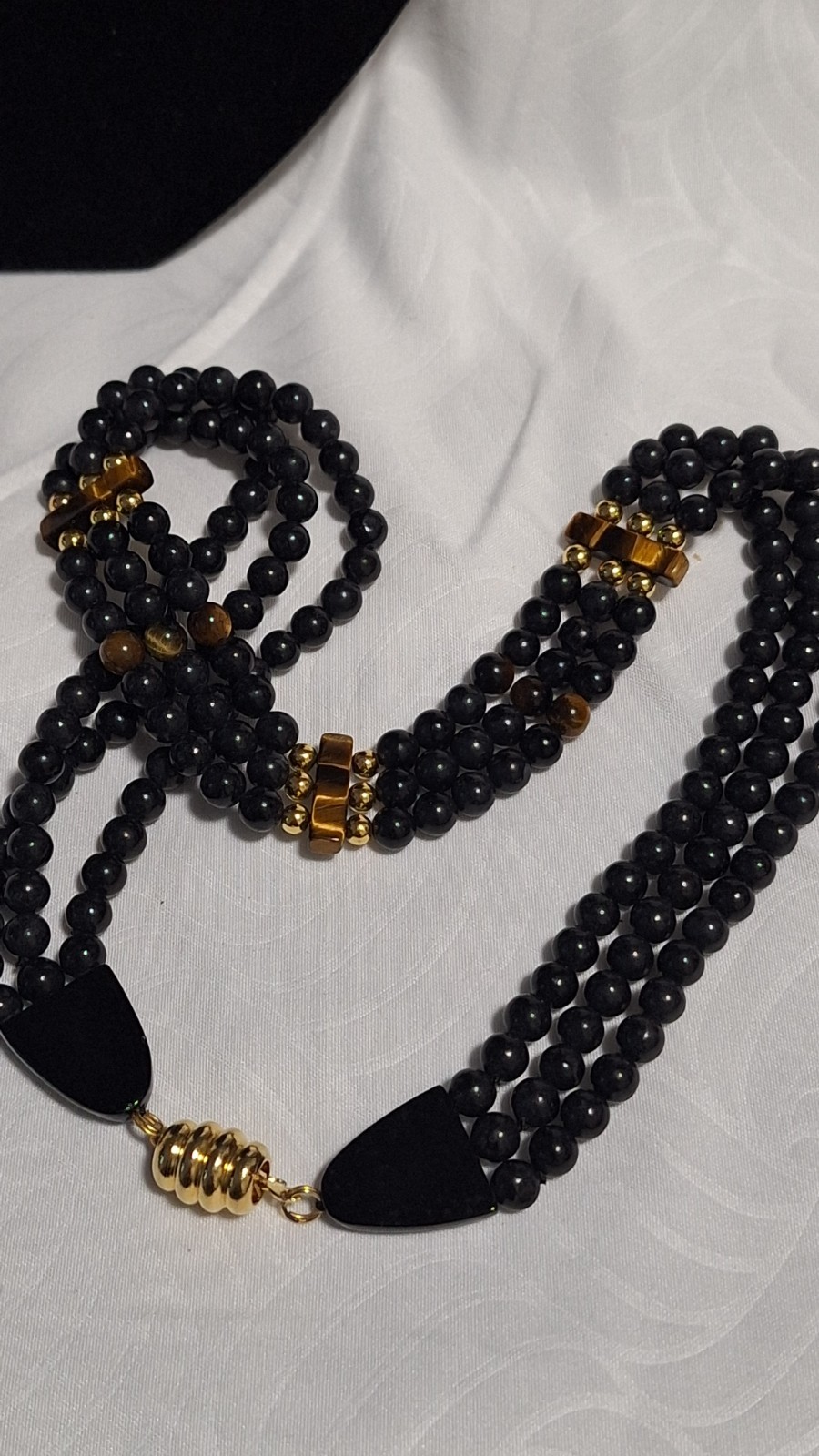 Black Glass Beaded Multi-Strand Statement Necklace Gold Tone Lobster Clasp