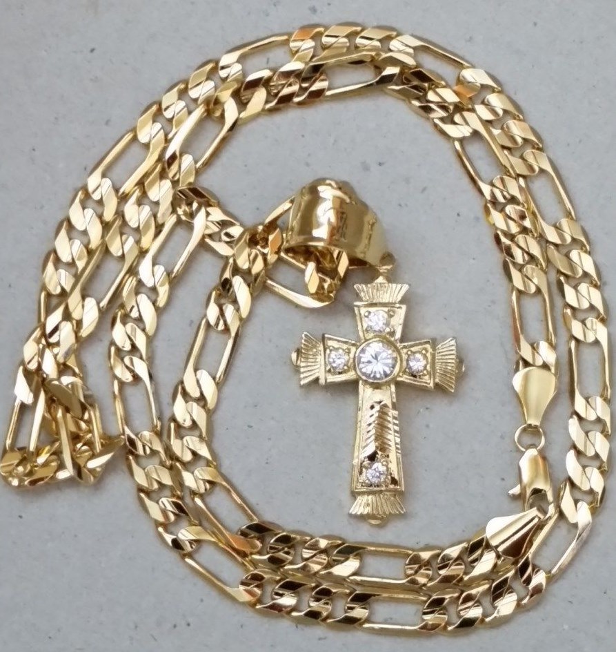 Men’s Yellow Gold Plated 30in 8mm Wide Figaro Chain & 5 CZ Cross Charm Set New