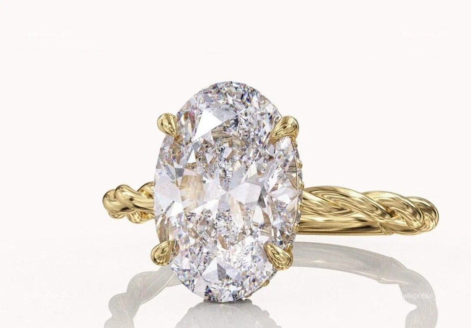 White Moissanite 4.20 Ct Oval Cut Hidden Halo Engagement Ring 14K Yellow Gold FN