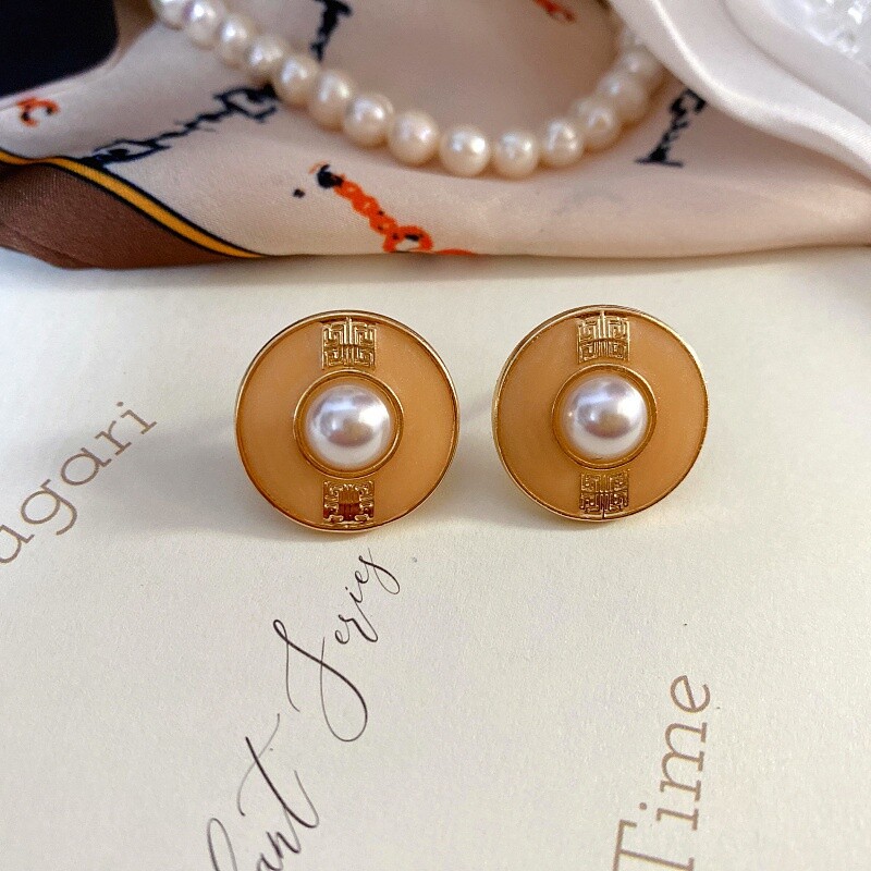 Retro French Elegant Simple Antique Times Drop Oil Enamel Pearl Silver Earring