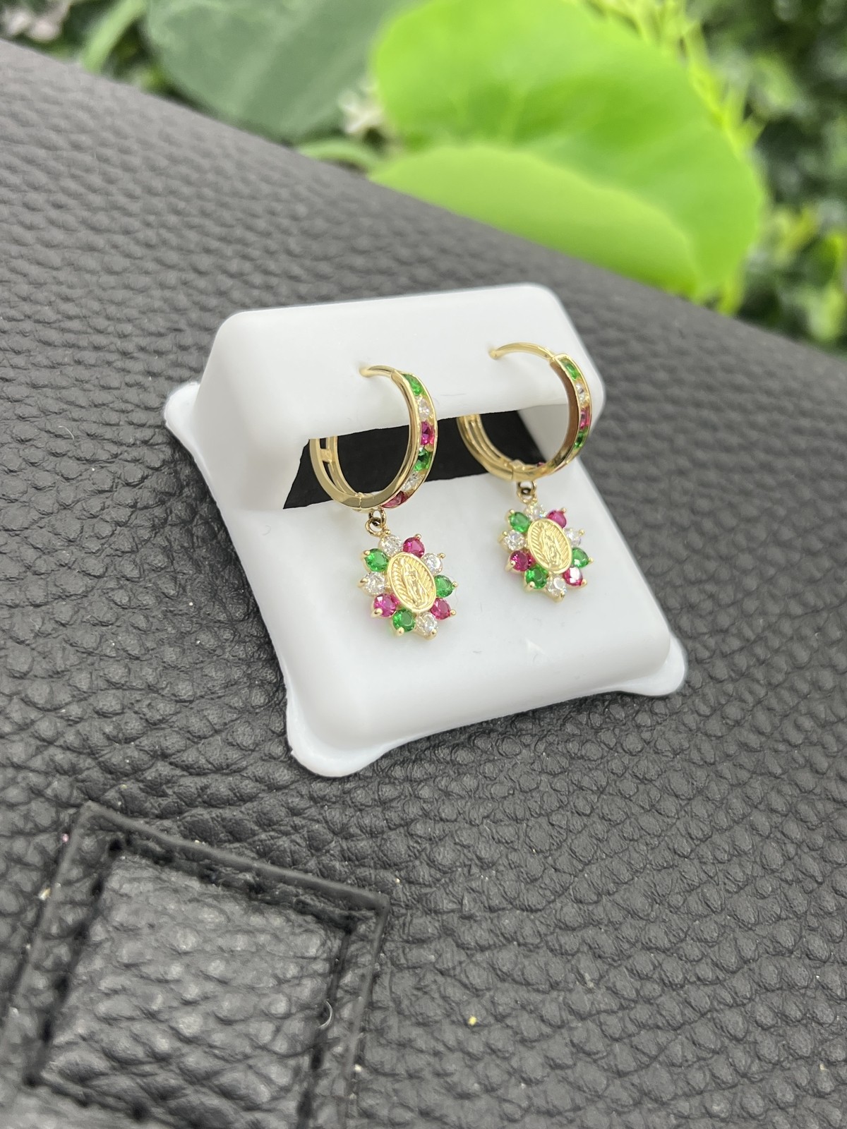 14K Yellow Gold CZ Huggies Virgen de Guadalupe Earrings 24x12mm Elegant Gifts