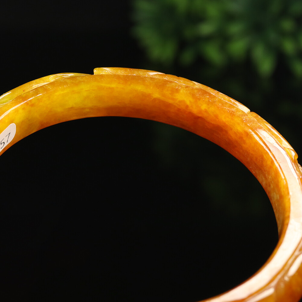 61mm Yellow Brown Jadeite Jade Bracelet Bangle Bat Lotus Burma Jade A-11767