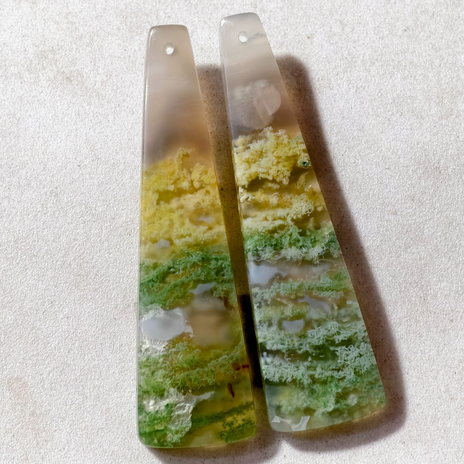 65 Cts Natural Moss Agate Drilled Match Pair Cabochon Gemstone 54.4 X 15.2 MM